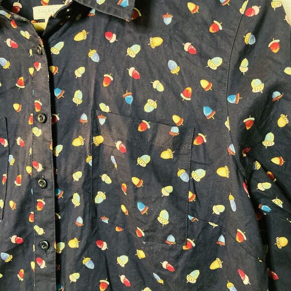 Talbots S Button Up Navy All Over Acorn Print Long Sleeve Blouse Teachercore - Picture 3 of 12